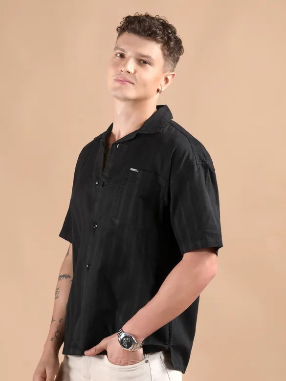 Black Half Sleeve Cuban Collar Shirt